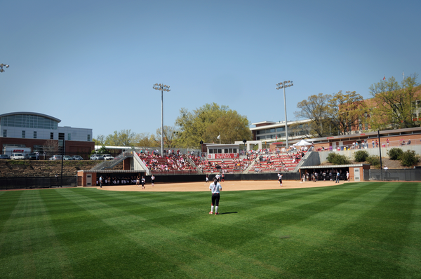 Softball field with both turf grass and clay surface.