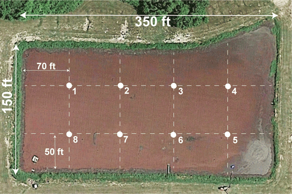 Aerial view of lagoon with grid overlay and sampling points.