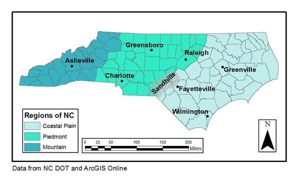 Map of physiographic regions in North Carolina