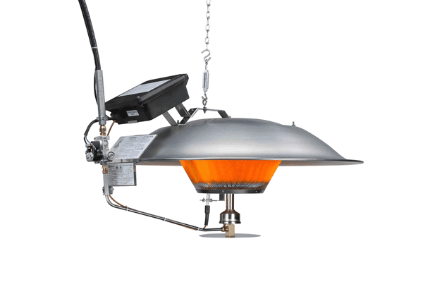 Gas-fired brooder resembling a large heat lamp with a shallow deflector and bass heat source.