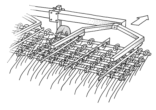Illustration of a flex-tine weeder with a main toolbar, gauge wheel, self-leveling pivot attachment, and flext tines 6mm to 8mm (3/16 to 1/4 inch).