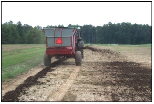 Farm equipment being used to spread compost