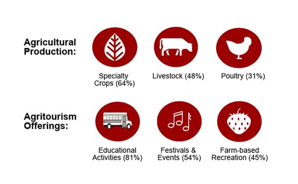 Ag Production: specialty crops 64%, livestock 48%, Poultry 31%. Agritourism: Educational activities 81%, festivals & events 54%, farm-based recreation 45%