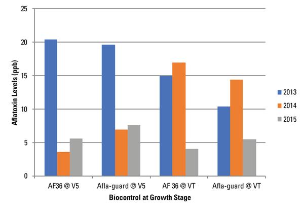 Bar graph of AF concentrations in response to timing of biocontrol ( AF36 or Afla-Guard® at V5 and VT)