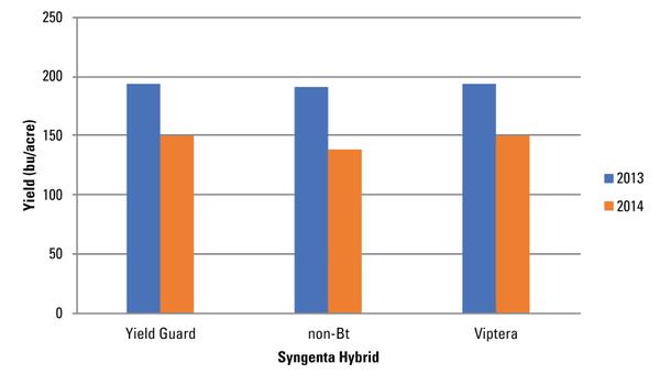 Bar graph of average yield for Syngenta hybrids for 2013 and 2014