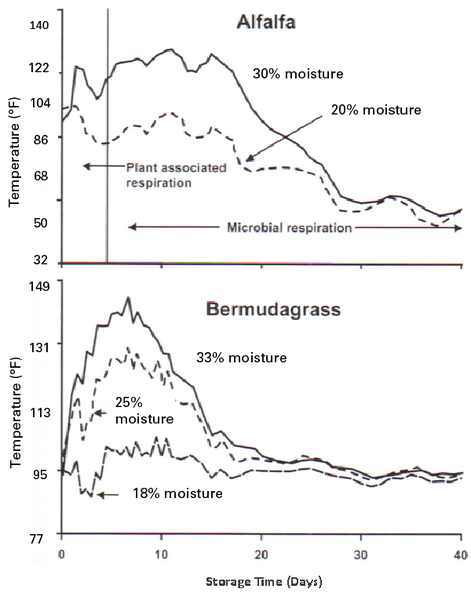 Graphs for alfalfa and bermudagrass showing the effect of bailing moisture (18%–33%) on temperature during storage. x-axis: days. y-axis: temperature (Fahrenheit).
