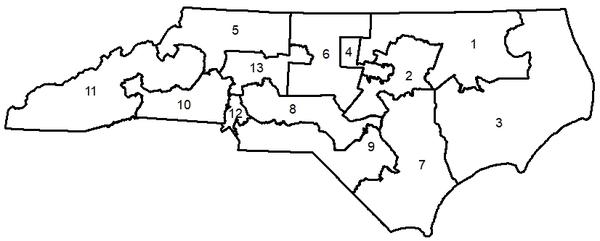 Map of North Carolina's 13 congressional districts