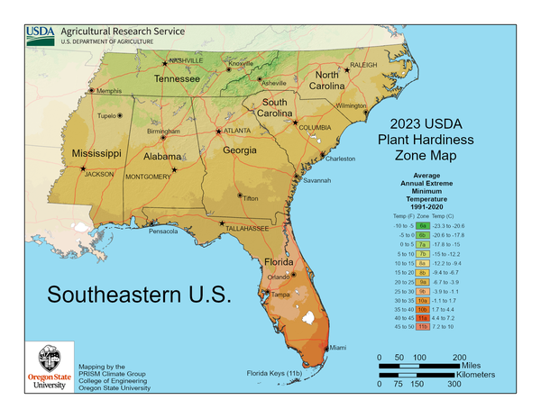 USDA Hardiness Zone Map for Southeastern US
