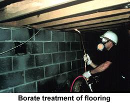 Person wearing hard hat and ppe sprays treatment on underside of flooring