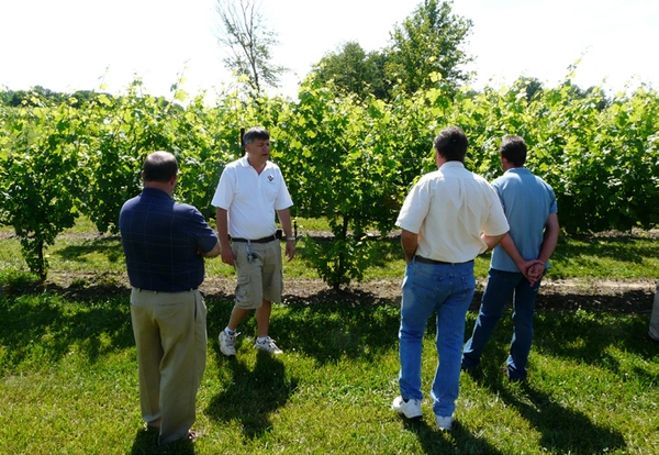 Extension faculty stand in a group in an orchard