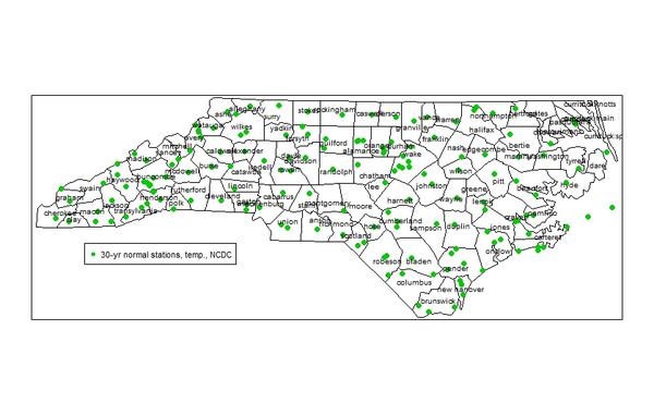 Map of NC with dots at each normal temperature station