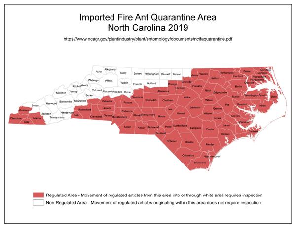 Map showing 75 North Carolina counties within the quarantine