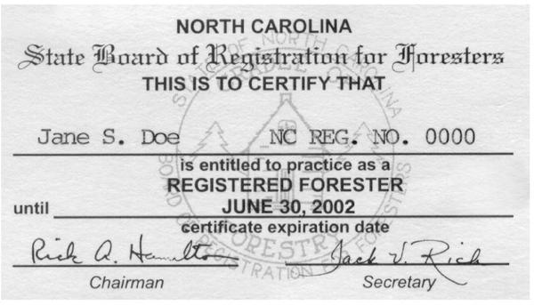 Figure 1. North Carolina registered forester credential.