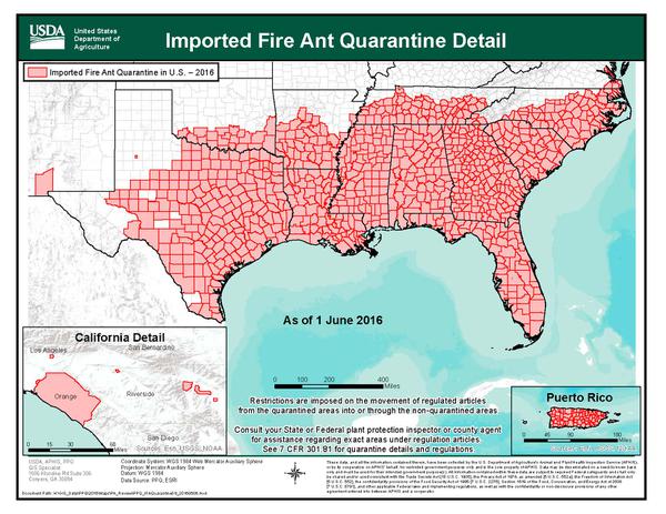 Map of the distribution of fire ants in the United States