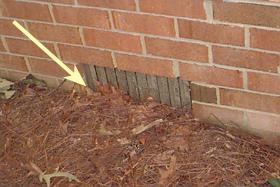 Mulch touching brick foundation of house