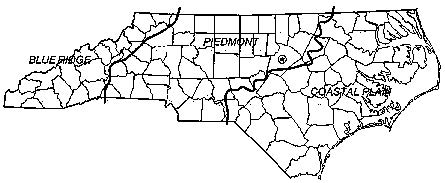 Map of NC with Blue Ridge, Piedmont and Coastal Plain regions labeled