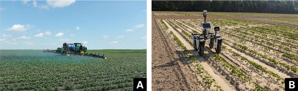 Left: Large sprayer with long spray booms spraying a large flat field. Right: Small robotic precision sprayer in field with small crop plants.