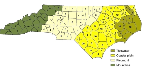 Map of NC counties and four regions delineated in color. Numbers of samples by region: 48 in tidewater, 228 in coastal plain, 110 in piedmont, and 14 in mountains.