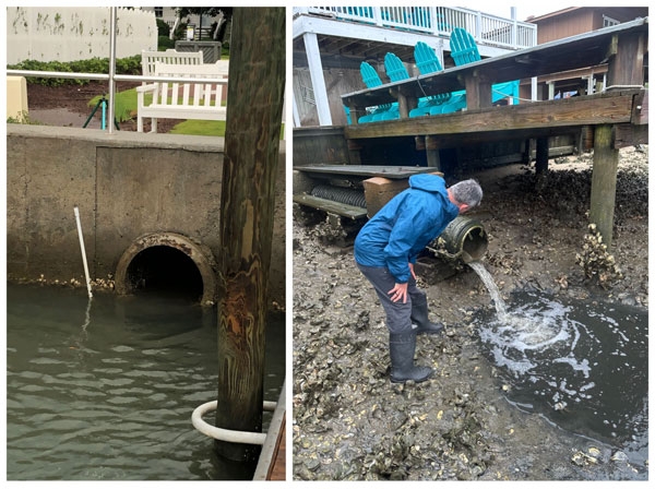 Photos: (l) Concrete outfall pipe built into wall is covered by water about ⅓ of the way up. (r) Man looks at outfall pipe draining water beside a short pier connected to a house.