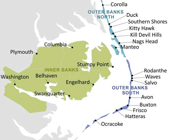 Map of Outer Banks including the southern communities of Ocracoke Island and Hatteras Island (Hatteras, Frisco, Buxton, Avon, Salvo, Waves, and Rodanthe).