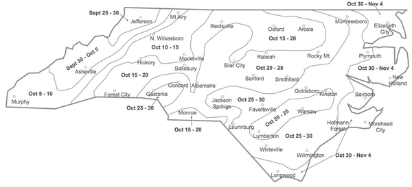 Map of North Carolina showing wheat planting dates across the physiographic regions.