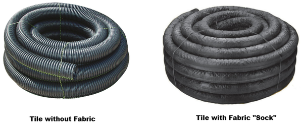 Coiled black drain tile without a fabric filter (left) and coiled black drain tile covered with a filter (right).