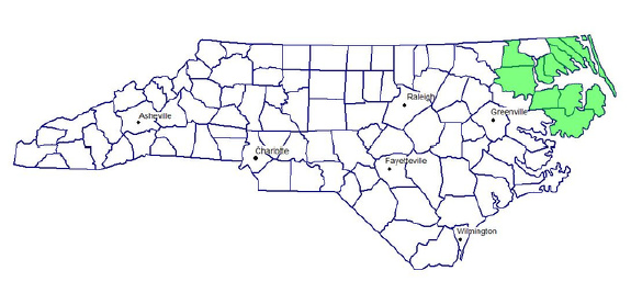 Map of North Carolina with highlighted north east area