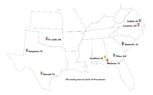 Map showing the nine testing locations.