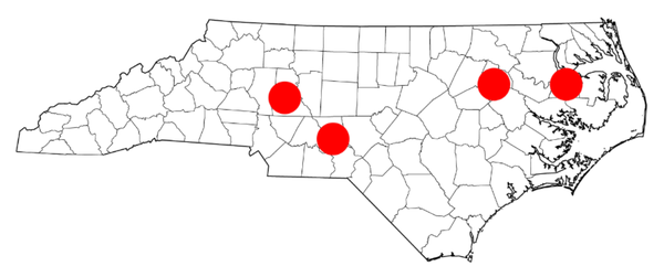 Map of North Caroina with marker for Edgecombe, Montgomery, Rowan, and Washington Counties