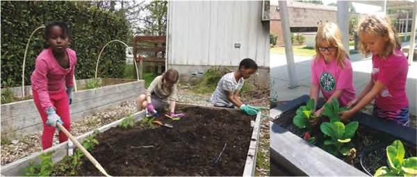 Left (3 children with gardening tools work on a raised bed), Right (two children examine plants in a raised bed)