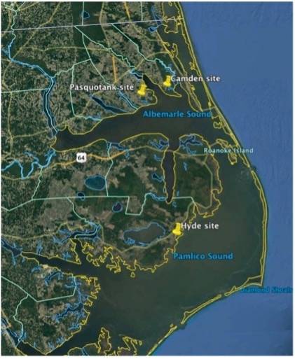 Map with locations of Hyde, Pasquotank, and Camden sites