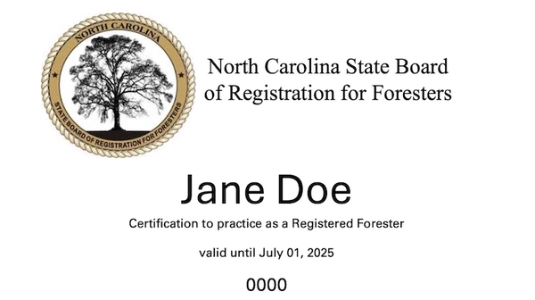 Sample credential Shows North Carolina State Board of Registration for Foresters Seal and reads 