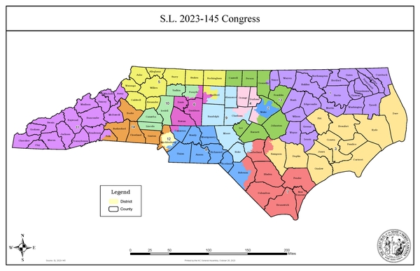 Map of North Carolina's 14 congressional districts