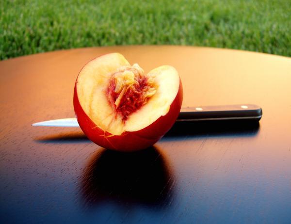 Nectarine half, showing pit. Knife in background