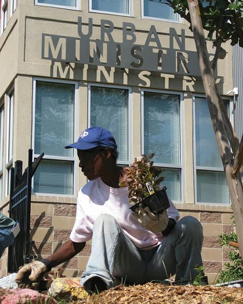 person holding a potted plant in garden in front of Urban Ministry building