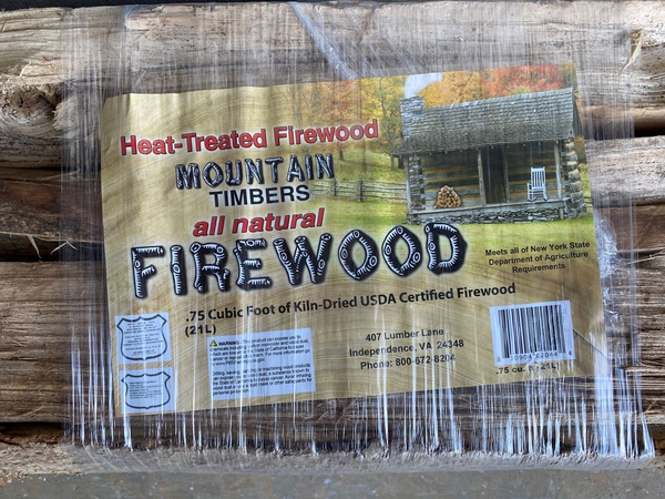 Firewood bundle, wrapped in plastic, with paper label