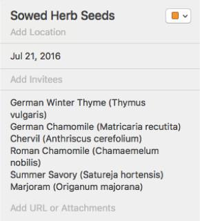 screenshot of digital garden journal listing sowed herb seeds