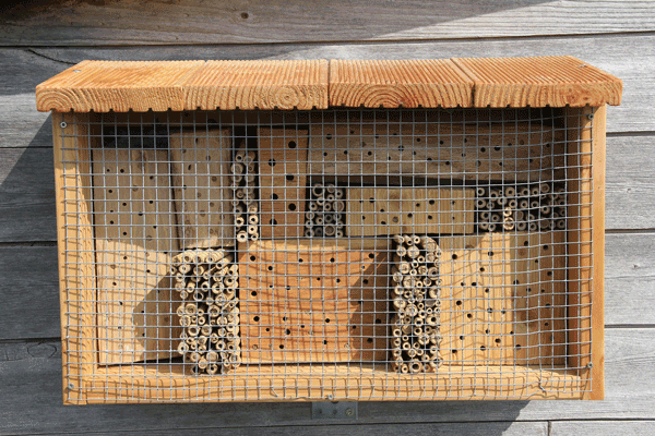 Wooden bee hotel with overhang, mesh, and various nest options.