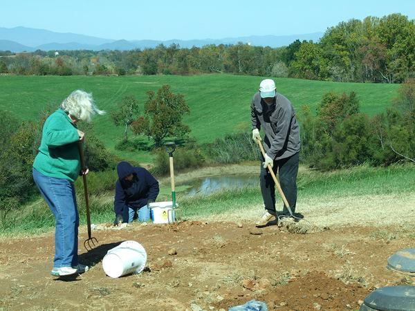 3 people use rakes and buckets to prepare site.