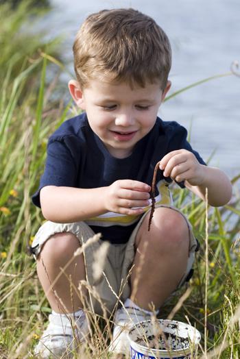 A young boy examines a worm