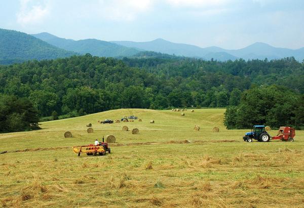 Cowee mound with hay bales and baling machinery
