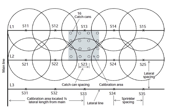 Illustration of calibration centered between two laterals. 6 sprinklers contributing.