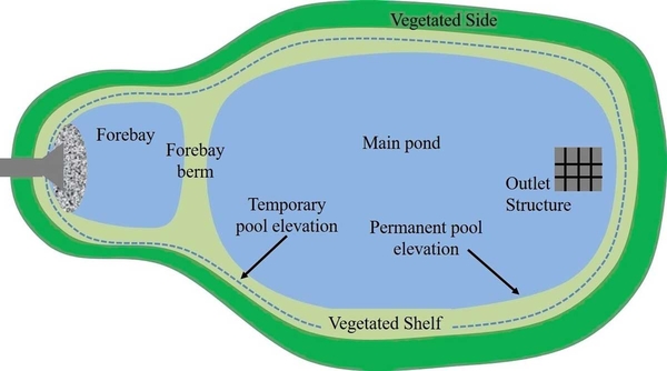 Elements of a wet pond, including forebay, forebay berm, outlet structure, vegetated shelf, vegetated side, temporary pool elevation, and permanent pool elevation.