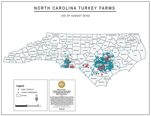 Figure 3. Primary turkey-producing counties in North Carolina, i