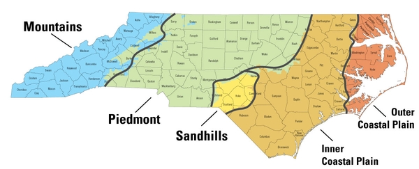 Map of NC with westernmost mountain region, piedmont in the center of the state, sandhills in a small southern middle section, and inner and outer coastal plain regions in east.
