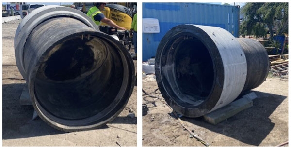 Photos: (l) Section of uninstalled large-diameter black pipe with inline check valve visible. (r) Same pipe with valve shown from a side view.