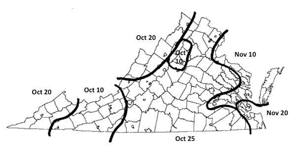 Map of Virginia with freeze dates indicated for each zone.