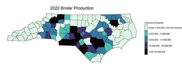 Map showing counties with broiler production across North Carolina, predominantly in the southern piedmont.
