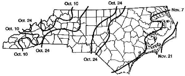 Map of North Carolina with freeze dates indicated for each zone.