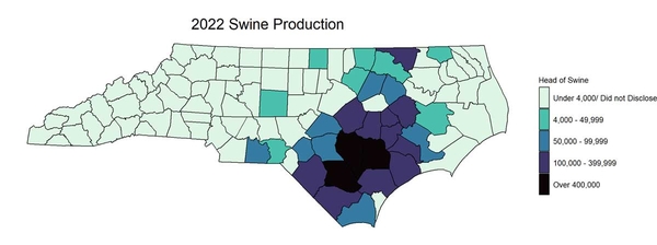 Map showing counties with swine production predominantly in the sandhills and coastal plain.